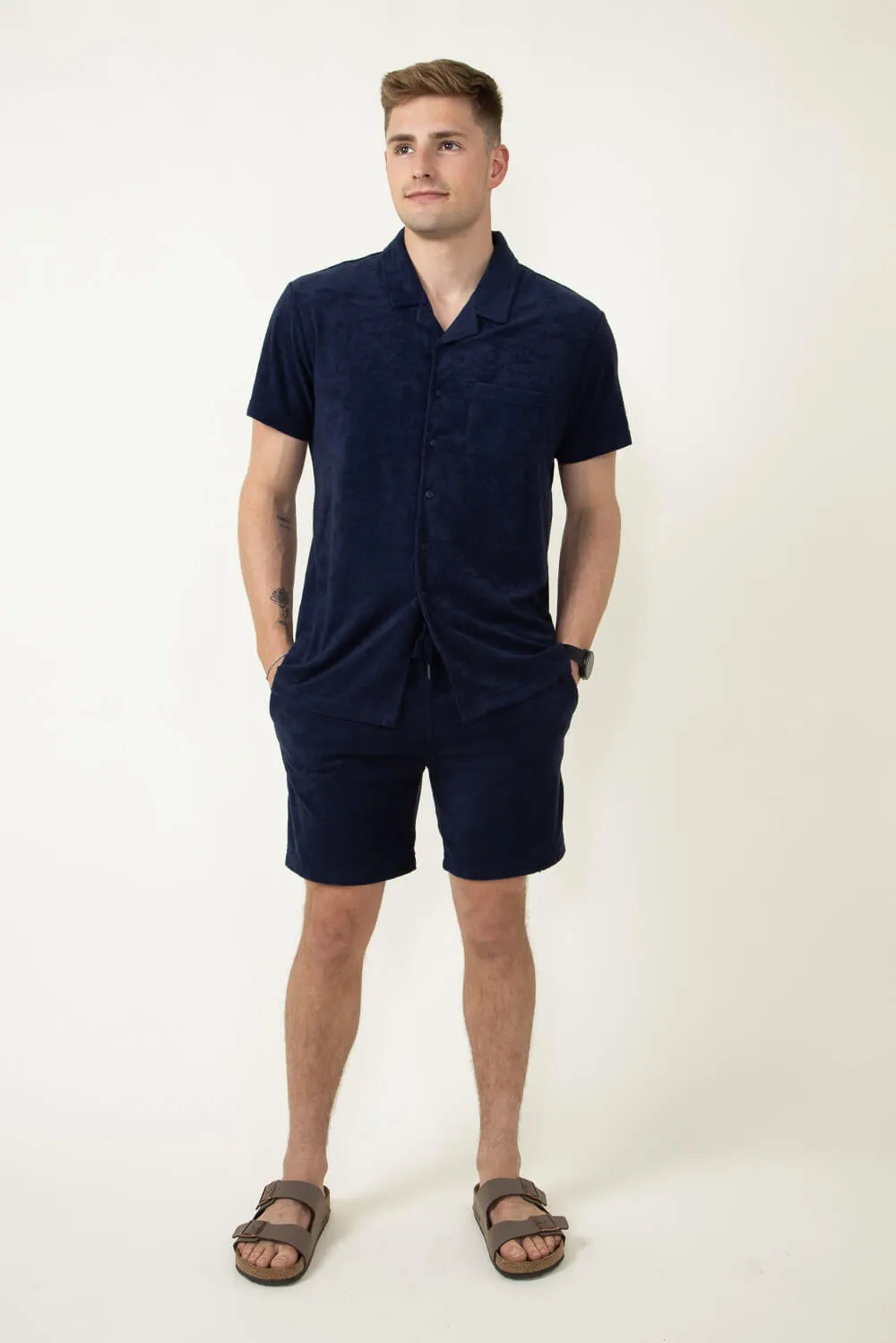 Vintage Summer Towel Terry Button Down Shirt for Men in Navy | V67702-NAVY