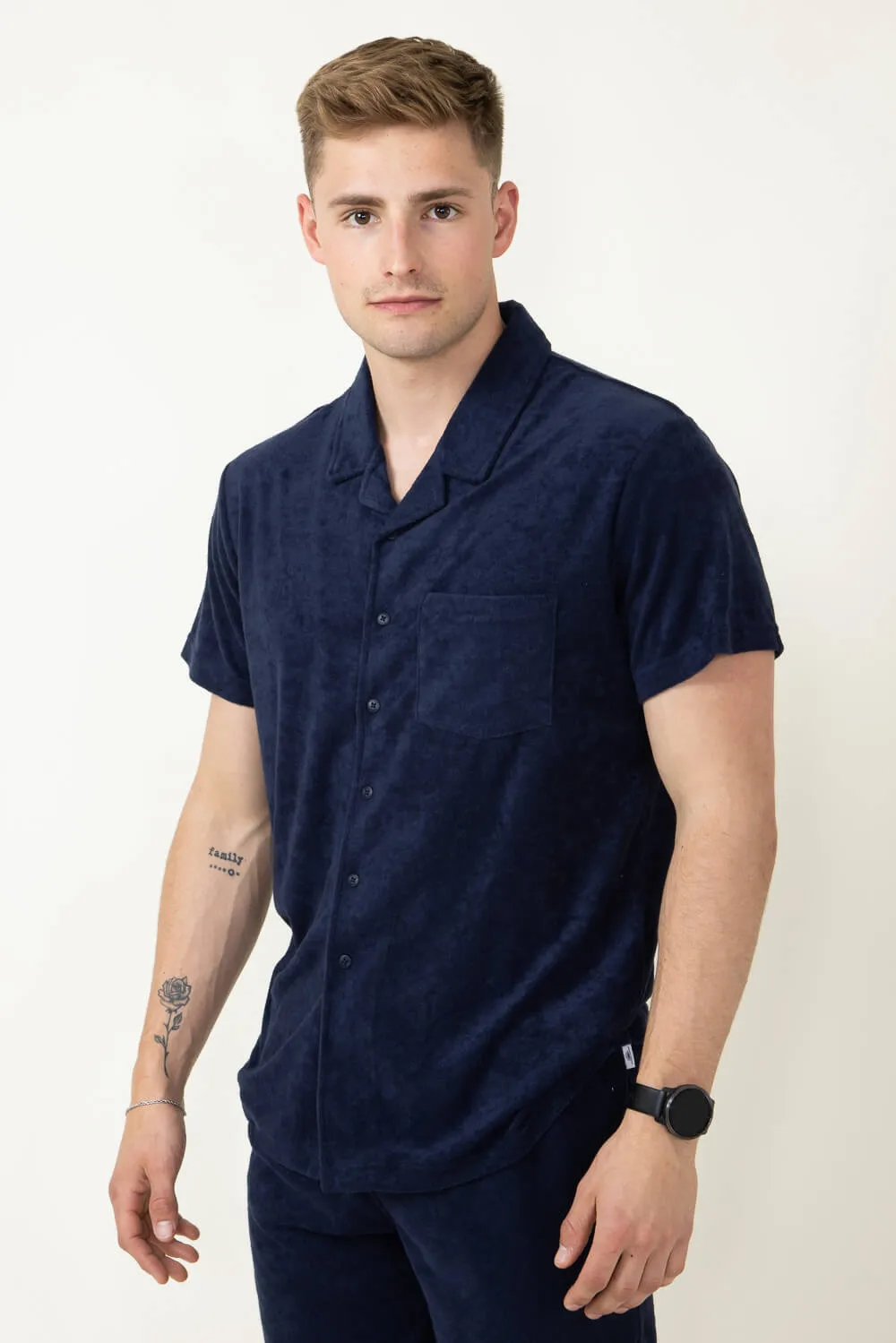 Vintage Summer Towel Terry Button Down Shirt for Men in Navy | V67702-NAVY