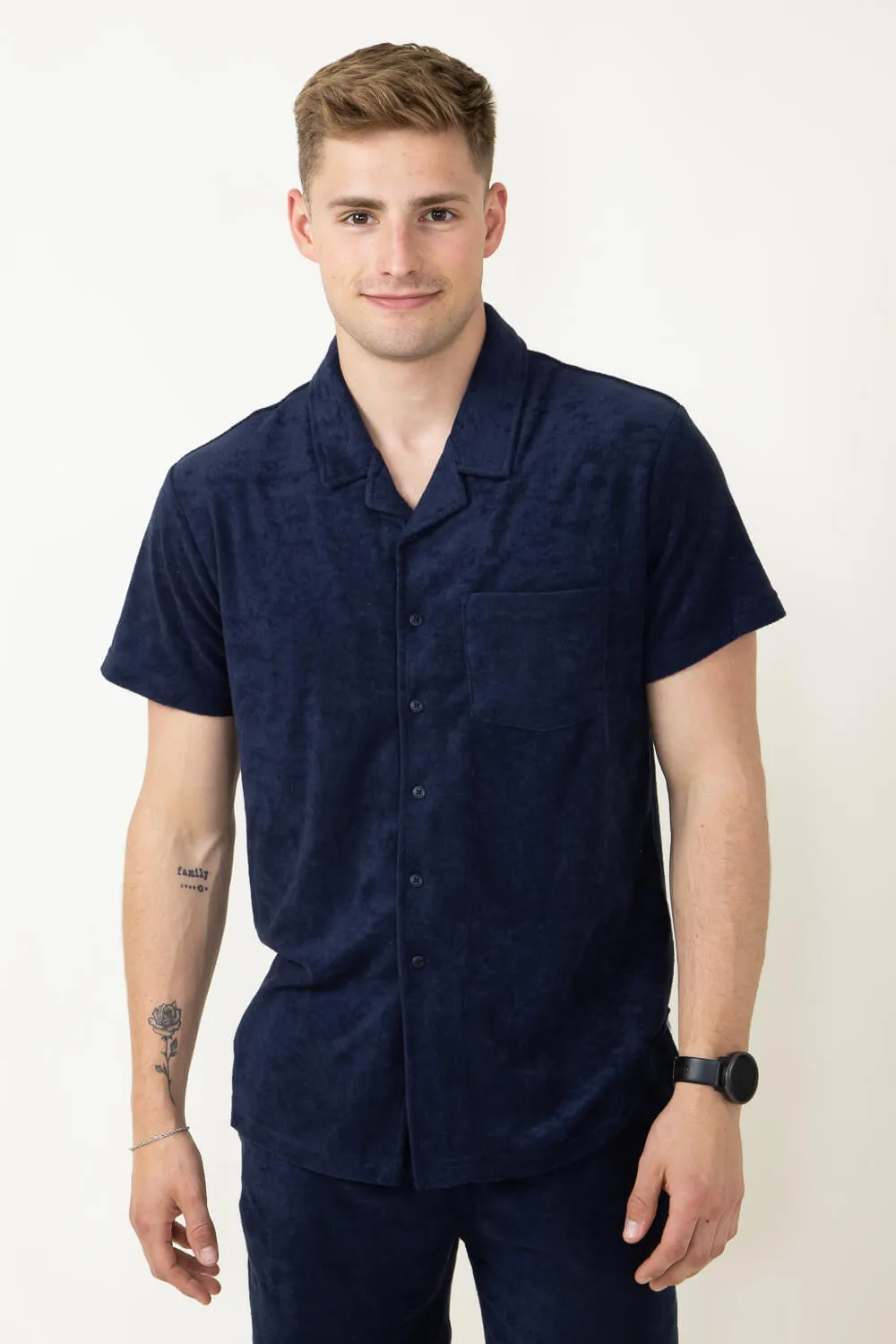 Vintage Summer Towel Terry Button Down Shirt for Men in Navy | V67702-NAVY