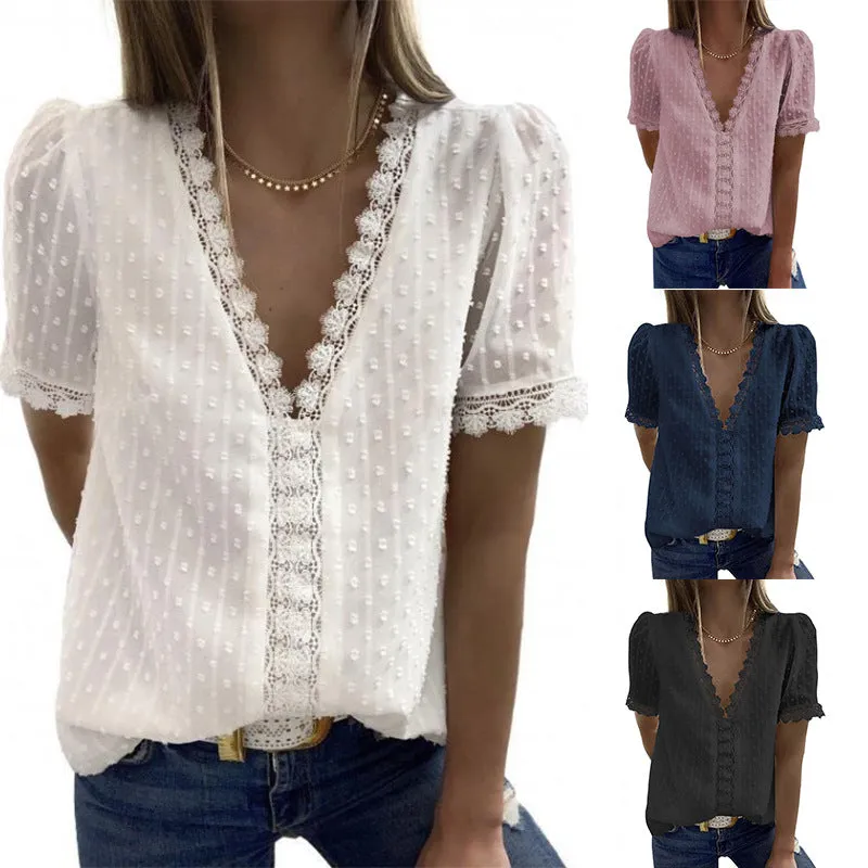 Wholesale v Neck Short Sleeve White Black 8 Colors Women Ladies Summer Dot Lace Chiffon Tops Shirts Blouse