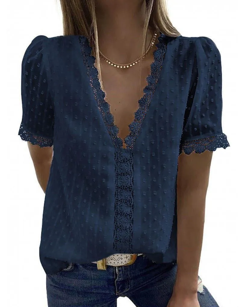 Wholesale v Neck Short Sleeve White Black 8 Colors Women Ladies Summer Dot Lace Chiffon Tops Shirts Blouse