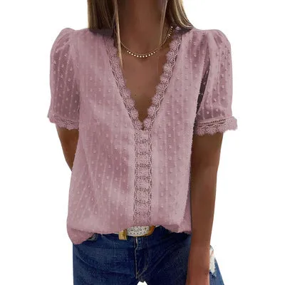 Wholesale v Neck Short Sleeve White Black 8 Colors Women Ladies Summer Dot Lace Chiffon Tops Shirts Blouse