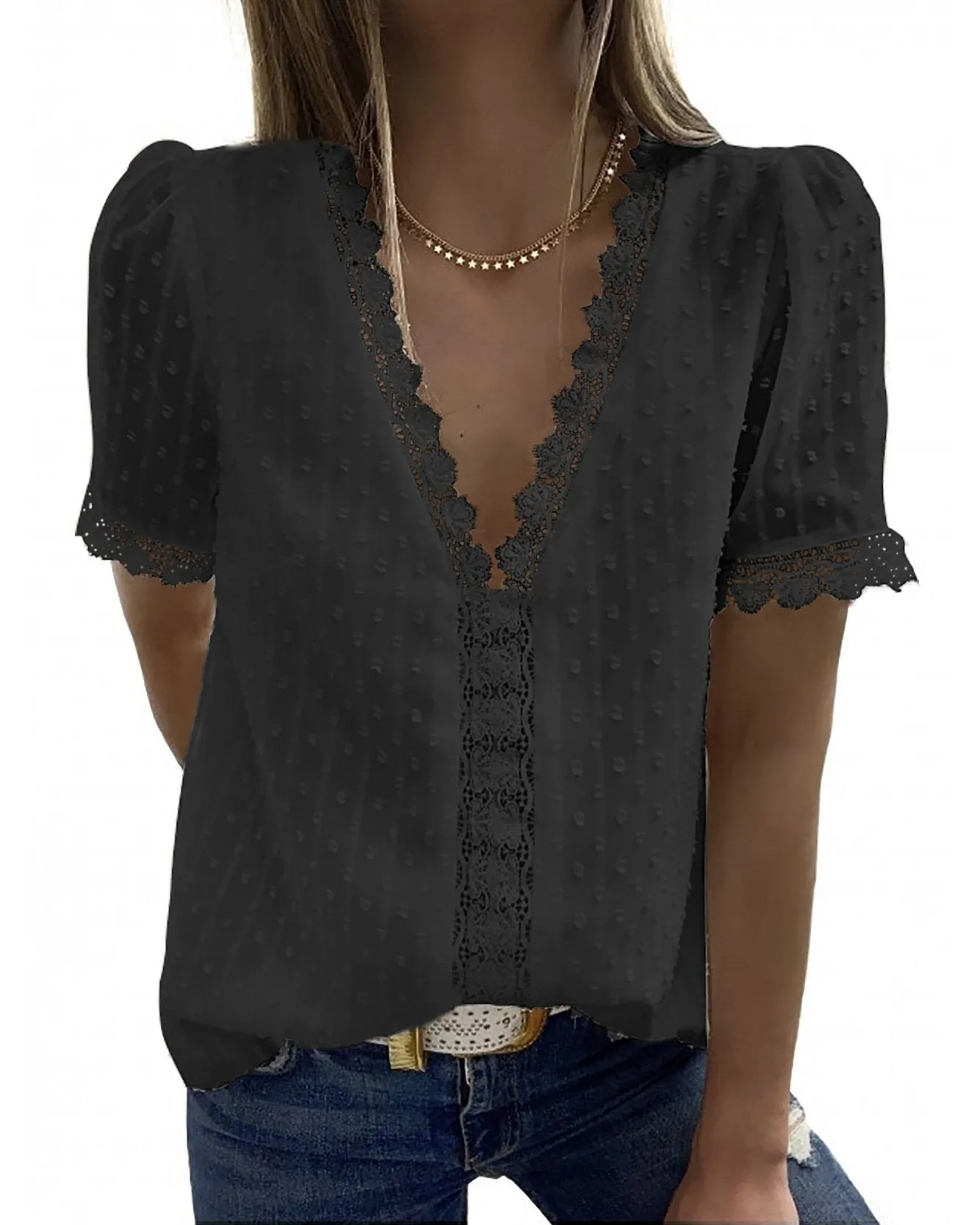 Wholesale v Neck Short Sleeve White Black 8 Colors Women Ladies Summer Dot Lace Chiffon Tops Shirts Blouse