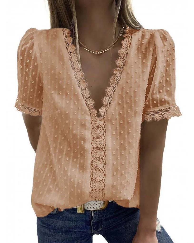 Wholesale v Neck Short Sleeve White Black 8 Colors Women Ladies Summer Dot Lace Chiffon Tops Shirts Blouse
