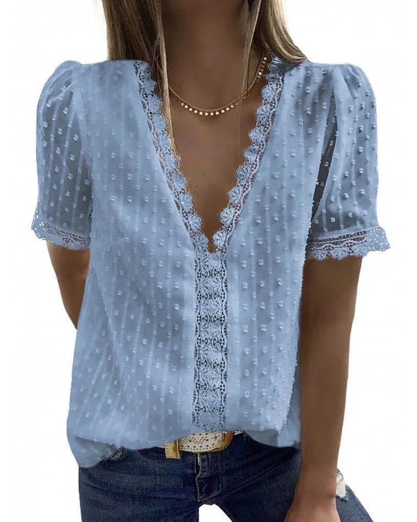 Wholesale v Neck Short Sleeve White Black 8 Colors Women Ladies Summer Dot Lace Chiffon Tops Shirts Blouse