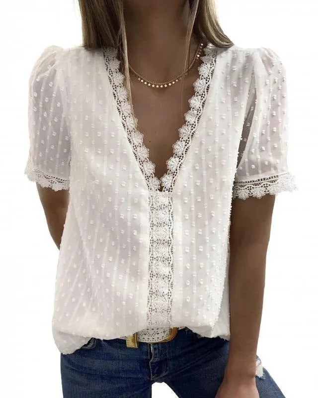 Wholesale v Neck Short Sleeve White Black 8 Colors Women Ladies Summer Dot Lace Chiffon Tops Shirts Blouse