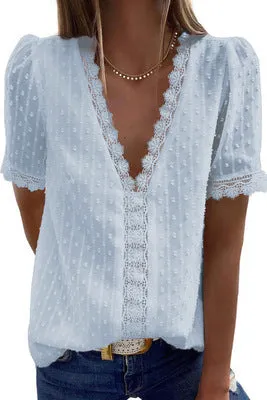 Wholesale v Neck Short Sleeve White Black 8 Colors Women Ladies Summer Dot Lace Chiffon Tops Shirts Blouse