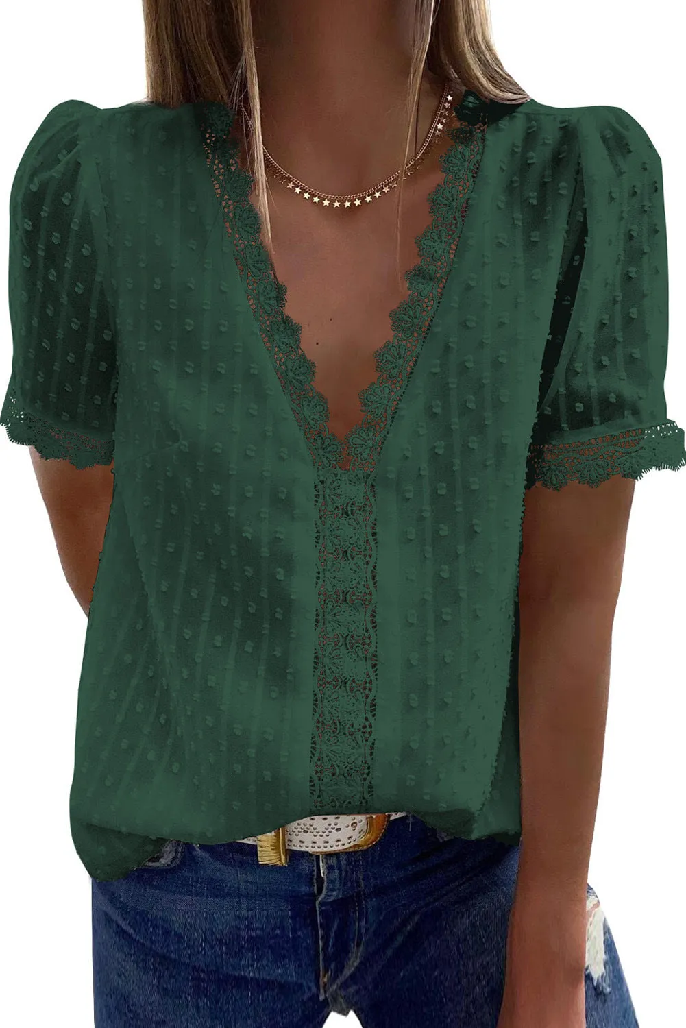 Wholesale v Neck Short Sleeve White Black 8 Colors Women Ladies Summer Dot Lace Chiffon Tops Shirts Blouse