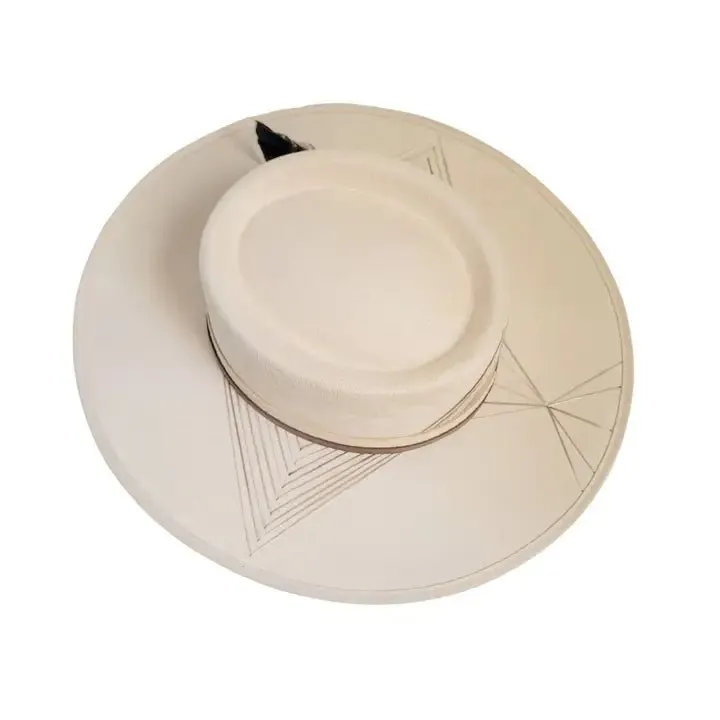 Xumal Off White Bolero Hat with Brown Embroidery & Feather - M/L