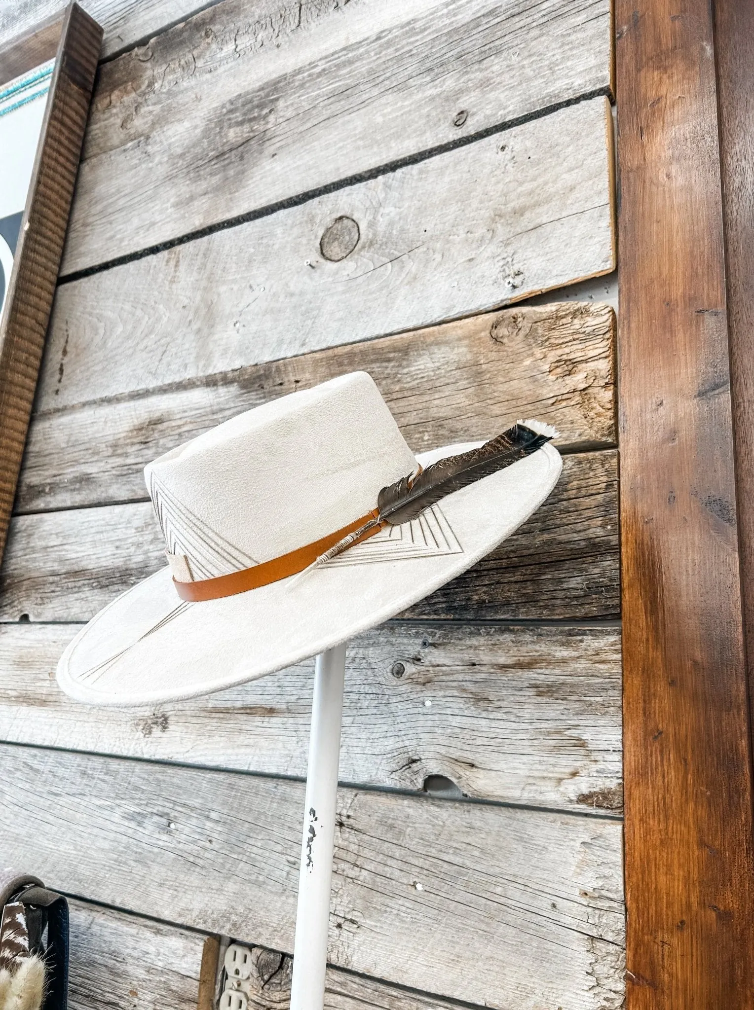 Xumal Off White Bolero Hat with Brown Embroidery & Feather - M/L