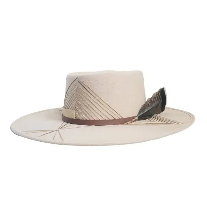 Xumal Off White Bolero Hat with Brown Embroidery & Feather - M/L