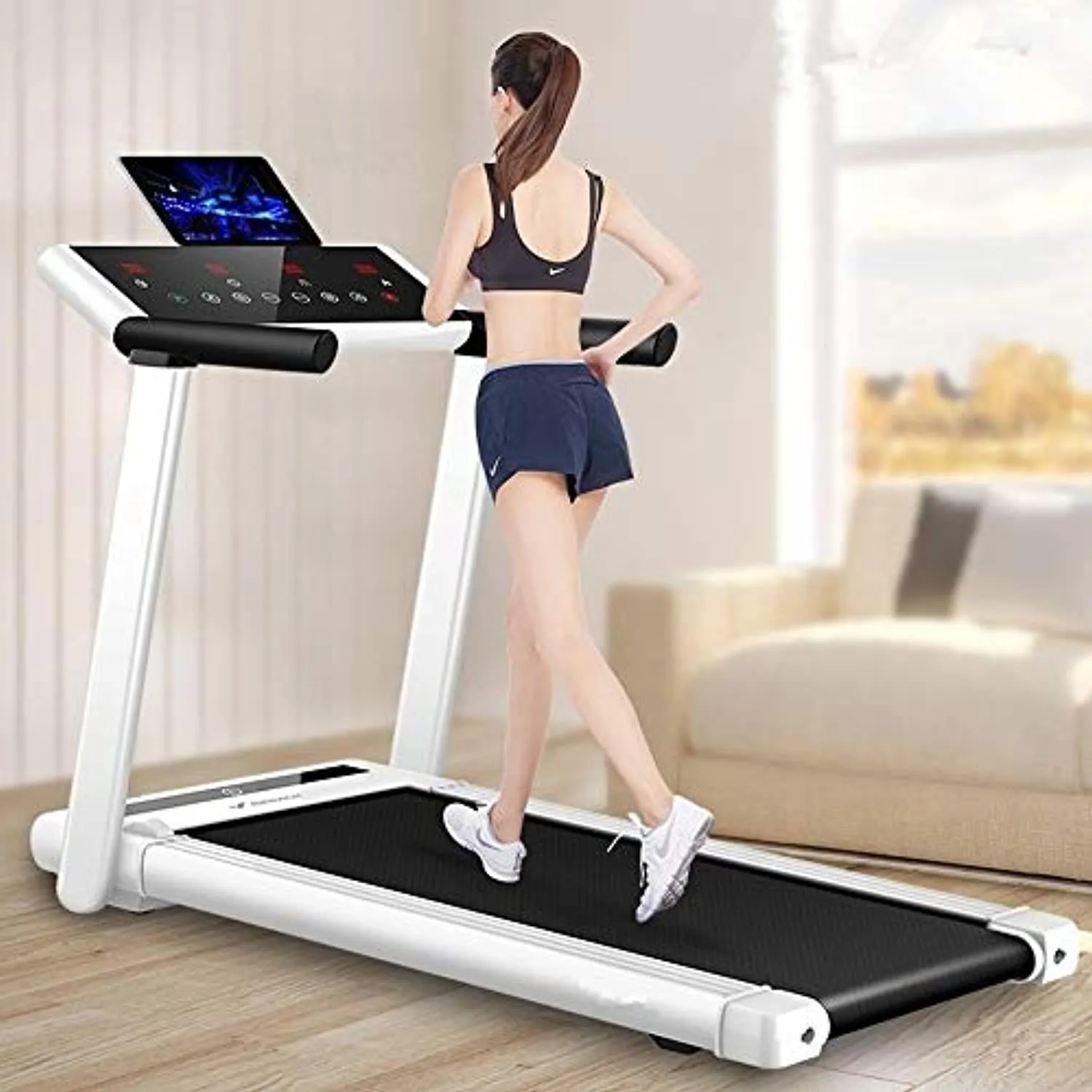 Zzfni Treadmill Full-Folding Home Treadmill, Installation-Free, Small and Ultra-Quiet, LED Display Sports Walking Machine, Suspension Balance Shock Absorption Foldable Treadmill (Size : White)